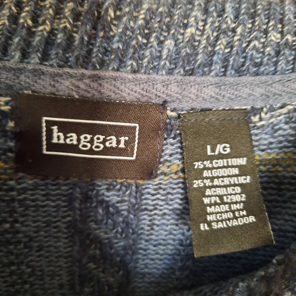 Vintage Haggar Cotton Blend Blue Green Cosby Grandpa Style Knit Sweater Size L